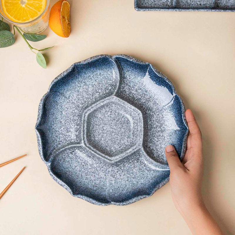 Pebble Glazed Section Party Platter Blue - Serving plate, snack plate, momo plate, plate with compartment | Plates for dining table & home decor