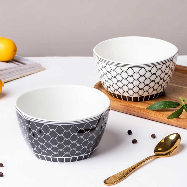 Trellis Printed Snack Bowl Black 250 ml - Bowl, soup bowl, ceramic bowl, snack bowls, curry bowl, popcorn bowls | Bowls for dining table & home decor