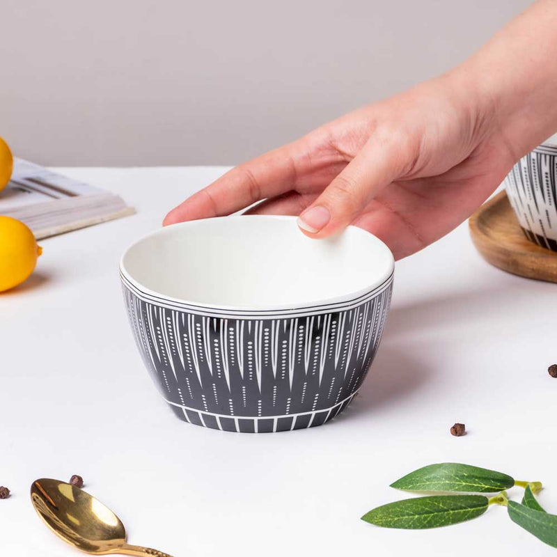 Philocaly Linear Patterned Soup Bowl Black 250 ml - Bowl, soup bowl, ceramic bowl, snack bowls, curry bowl, popcorn bowls | Bowls for dining table & home decor