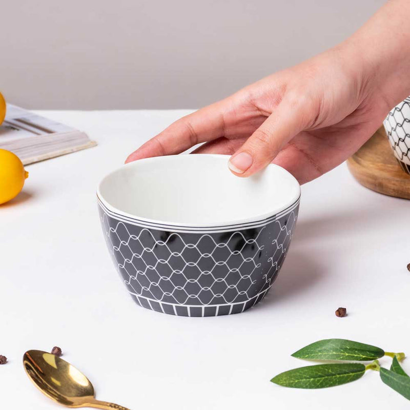 Trellis Printed Snack Bowl Black 250 ml - Bowl, soup bowl, ceramic bowl, snack bowls, curry bowl, popcorn bowls | Bowls for dining table & home decor