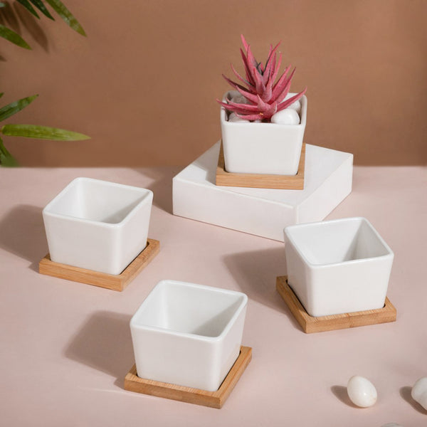 White Ceramic Planter Square Set Of 4
