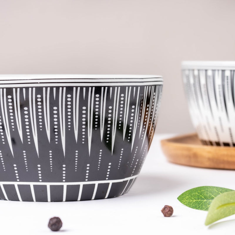 Philocaly Linear Patterned Soup Bowl Black 250 ml - Bowl, soup bowl, ceramic bowl, snack bowls, curry bowl, popcorn bowls | Bowls for dining table & home decor