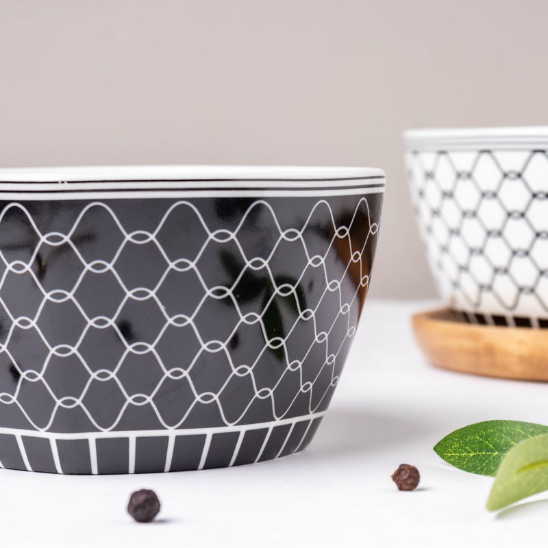 Trellis Printed Snack Bowl Black 250 ml - Bowl, soup bowl, ceramic bowl, snack bowls, curry bowl, popcorn bowls | Bowls for dining table & home decor