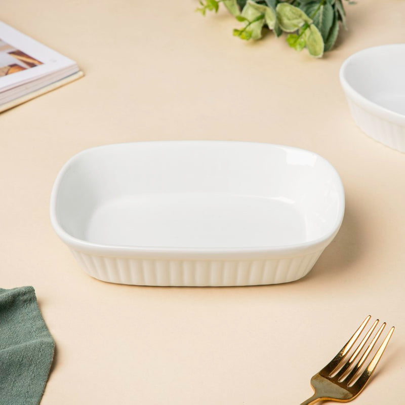 Classic Rectangle Ribbed Ceramic Baking Dish White 300 ml - Baking Dish