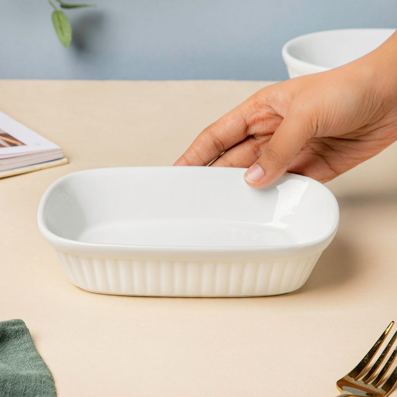 Classic Rectangle Ribbed Ceramic Baking Dish White 300 ml - Baking Dish