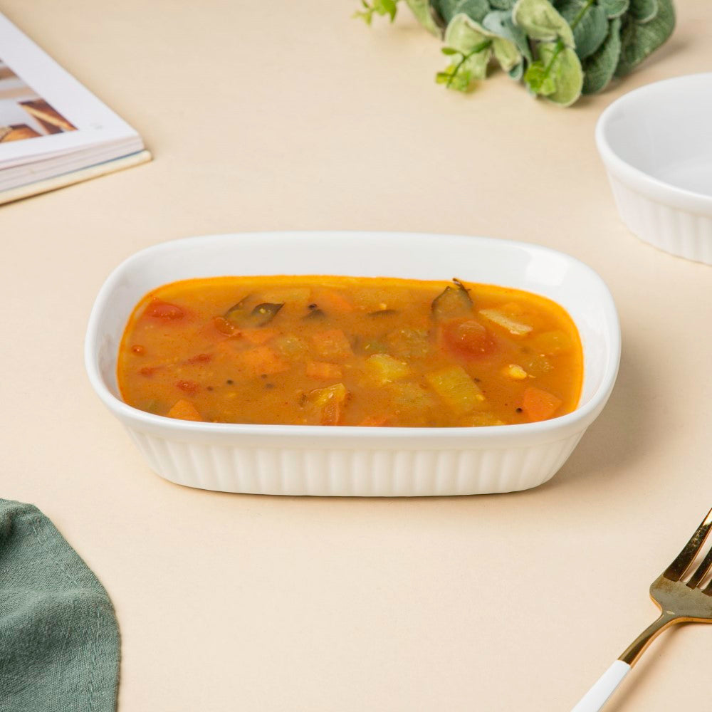 Classic Rectangle Ribbed Ceramic Baking Dish White 300 ml