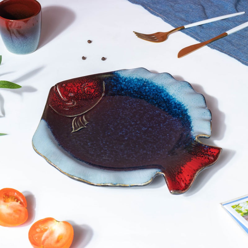 Studio Pottery Blue Fish Plate 10 Inch - Serving plate, snack plate, dessert plate | Plates for dining & home decor