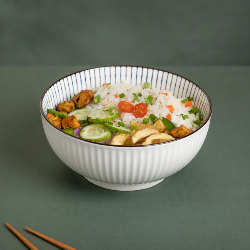 Meraki Striped Ceramic Serving Bowl 800 ml - Bowl, ceramic bowl, serving bowls, noodle bowl, salad bowls, bowl for snacks, snack bowl sets | Bowls for dining table & home decor