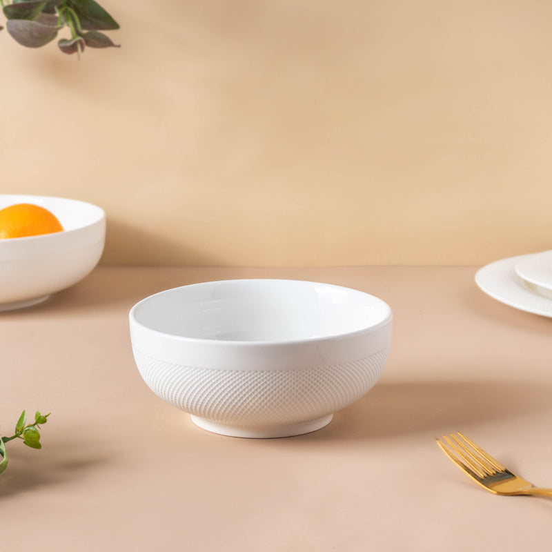 Riona Textured Ceramic Popcorn Bowl White 500 ml - Bowl,ceramic bowl, snack bowls, curry bowl, popcorn bowls | Bowls for dining table & home decor