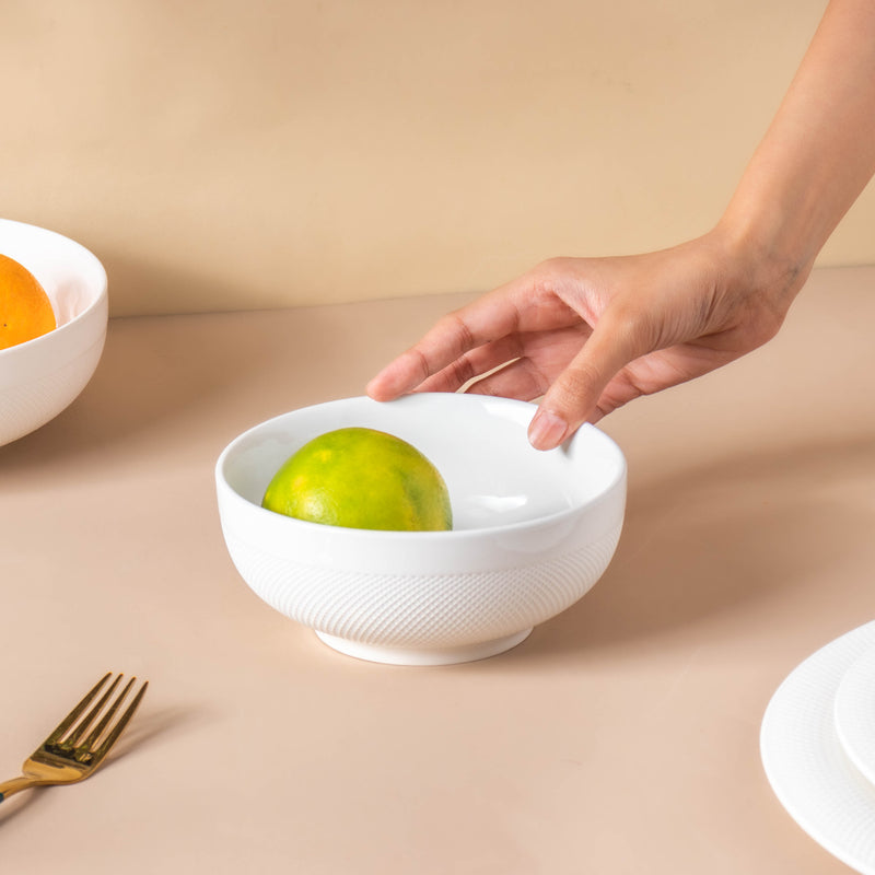 Riona Textured Ceramic Popcorn Bowl White 500 ml - Bowl,ceramic bowl, snack bowls, curry bowl, popcorn bowls | Bowls for dining table & home decor