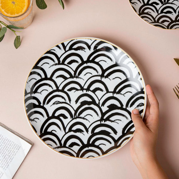 Scallop Artistic Dinner Plate Black White 10 Inch - Serving plate, rice plate, ceramic dinner plates| Plates for dining table & home decor