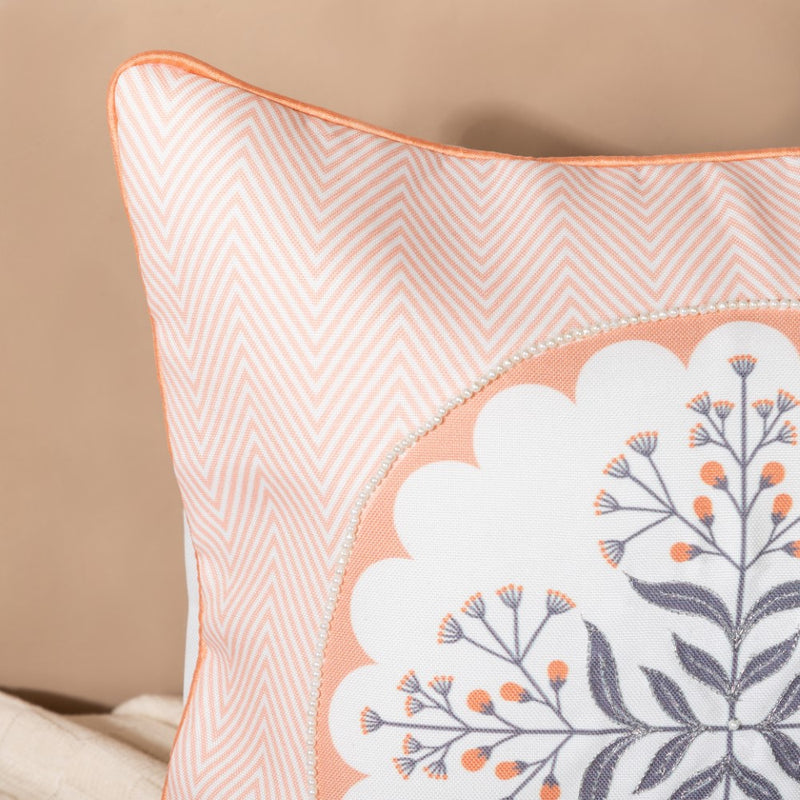 Zari & Pearl Work Cushion Cover Set Of 3 Peach 16 x 16 Inch