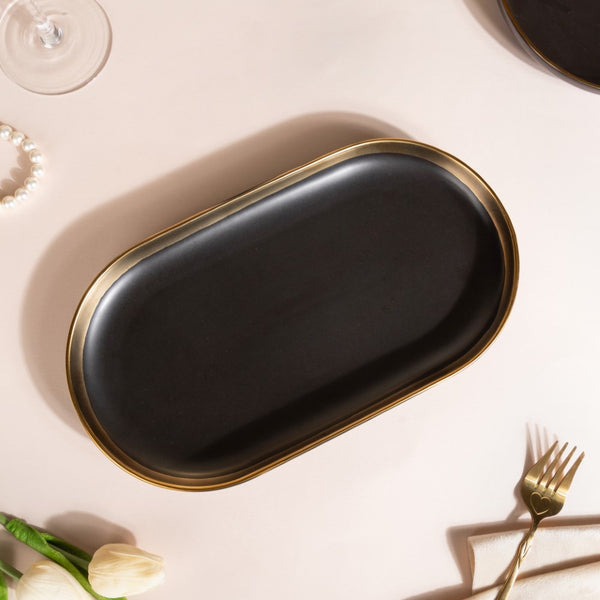 VERA Ceramic Long Plate Black 12 Inch - Ceramic platter, serving platter, fruit platter | Plates for dining table & home decor