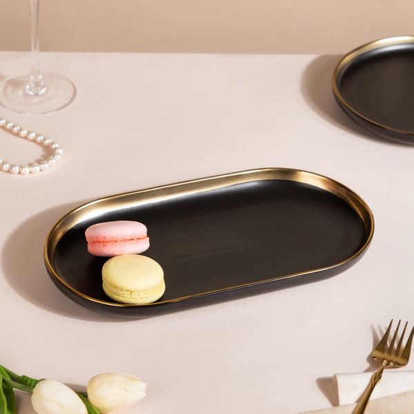 VERA Ceramic Long Plate Black 12 Inch - Ceramic platter, serving platter, fruit platter | Plates for dining table & home decor