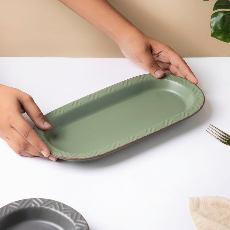 Fern Green Long Plate 12 Inch - Ceramic platter, serving platter, fruit platter | Plates for dining table & home decor