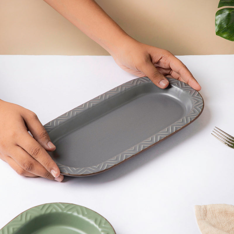 Asphalt Grey Long Plate 12 Inch - Ceramic platter, serving platter, fruit platter | Plates for dining table & home decor