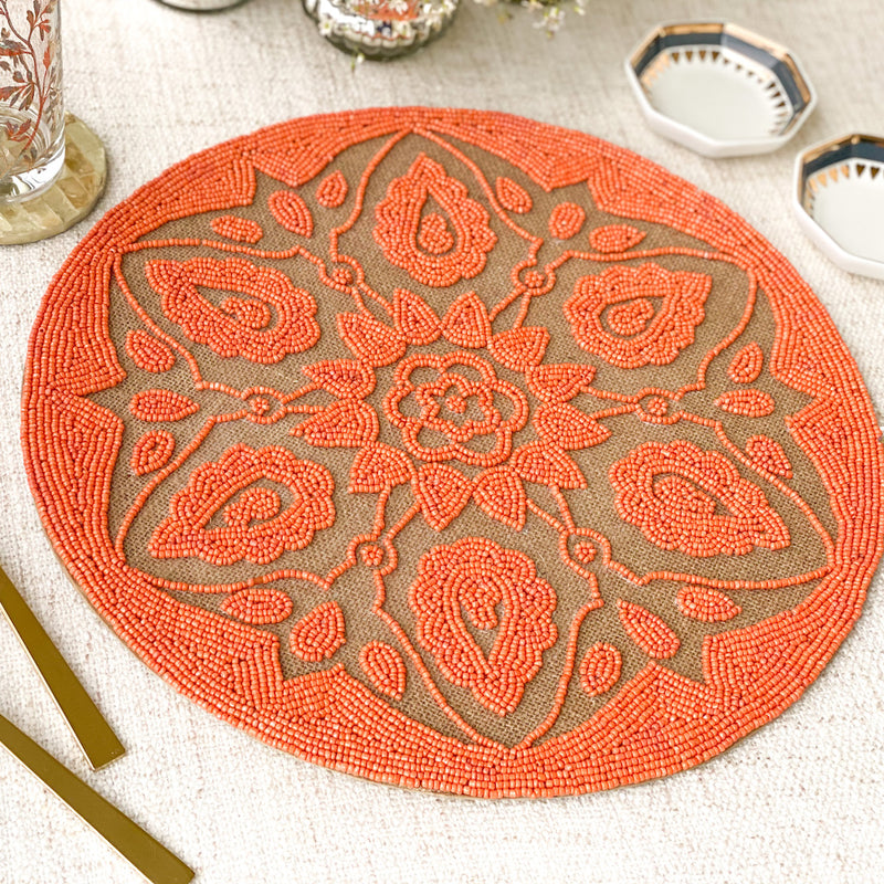 BEADS Mandala Jute Table Mat- Orange