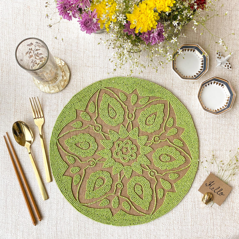 BEADS Mandala Jute Table Mat - Green