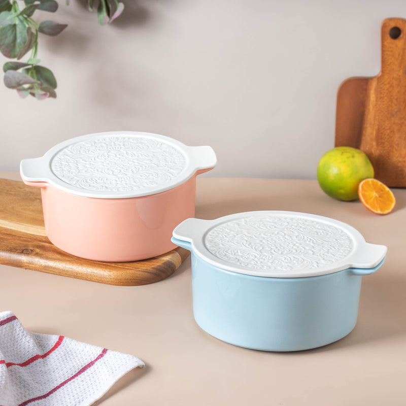 Riona Ceramic Serving Pot Pink With Floral Lid - Serving bowl with lid, ceramic bowls with lids, noodle bowl, oven bowl, snack serving bowls, bowl with handle | Bowls for dining table & home decor