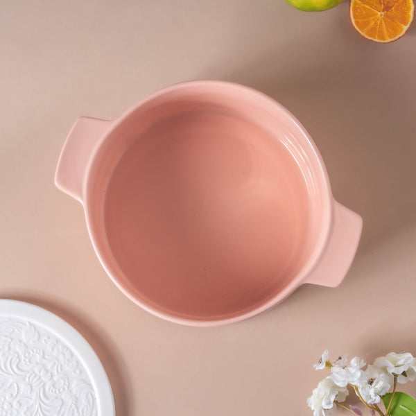 Riona Ceramic Serving Pot Pink With Floral Lid - Serving bowl with lid, ceramic bowls with lids, noodle bowl, oven bowl, snack serving bowls, bowl with handle | Bowls for dining table & home decor