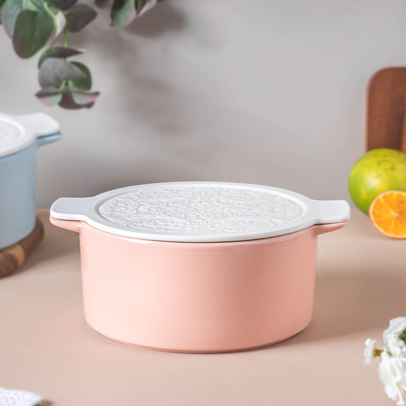 Riona Ceramic Serving Pot Pink With Floral Lid - Serving bowl with lid, ceramic bowls with lids, noodle bowl, oven bowl, snack serving bowls, bowl with handle | Bowls for dining table & home decor