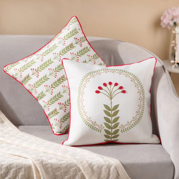 Hand Embroidered Cushion Cover Green Set Of 2 16 x 16 Inch
