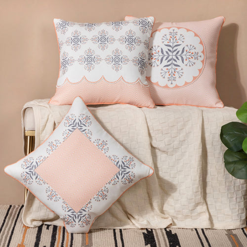 Zari & Pearl Work Cushion Cover Set Of 3 Peach 16 x 16 Inch