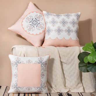 Zari & Pearl Work Cushion Cover Set Of 3 Peach 16 x 16 Inch