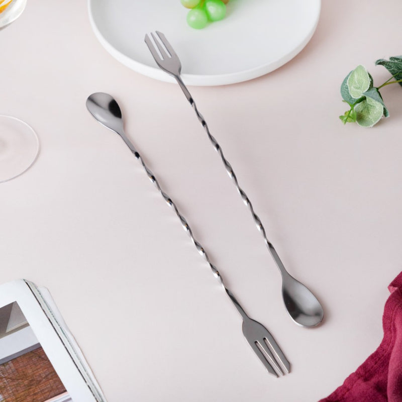 Bar Spoon With Fork Silver Set of 2