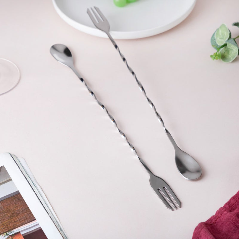 Bar Spoon With Fork Silver Set of 2