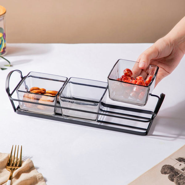 Glass Square Bowl With Tray Set Of 4 200ml - Serving bowls, small glass bowls, snack serving bowls, section bowls, fancy serving bowls | Bowls for dining table & home decor