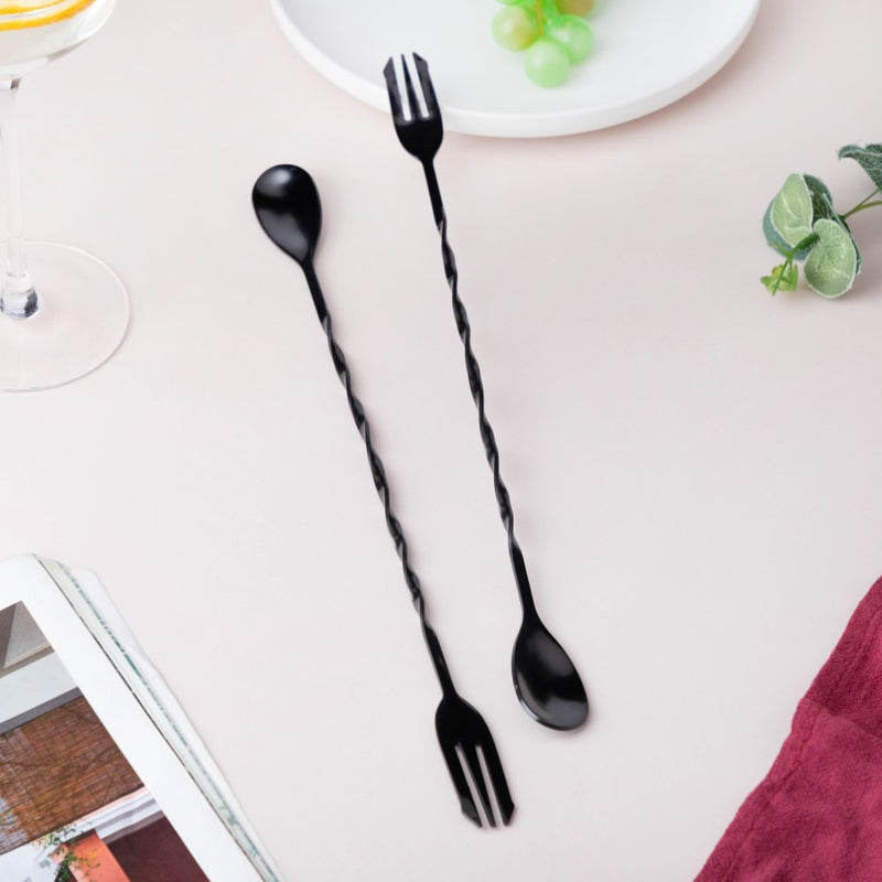 Bar Spoon With Fork  Black Set of 2
