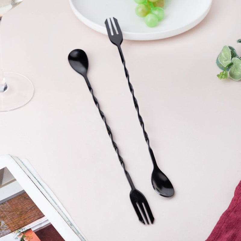 Bar Spoon With Fork  Black Set of 2