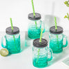 Tutti Frutti Glass Smoothie Jar Green with Lid and Straw Set of 4- Mug for coffee, tea mug, cappuccino mug | Cups and Mugs for Coffee Table & Home Decor