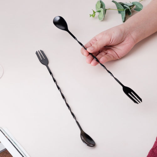 Bar Spoon With Fork  Black Set of 2