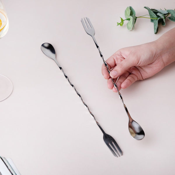 Bar Spoon With Fork Silver Set of 2