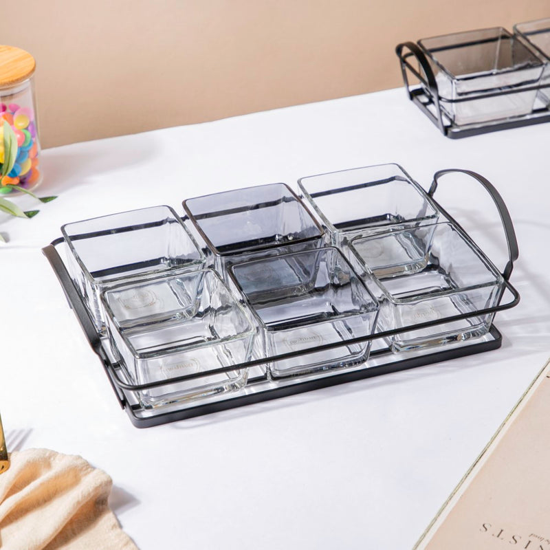 Glass Bowl With Metal Tray Set Of 7 200ml - Serving bowls, small glass bowls, snack serving bowls, section bowls, fancy serving bowls | Bowls for dining table & home decor