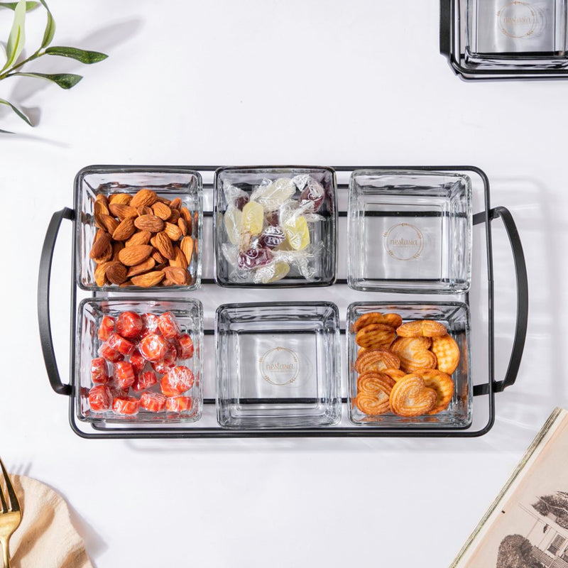 Glass Bowl With Metal Tray Set Of 7 200ml - Serving bowls, small glass bowls, snack serving bowls, section bowls, fancy serving bowls | Bowls for dining table & home decor