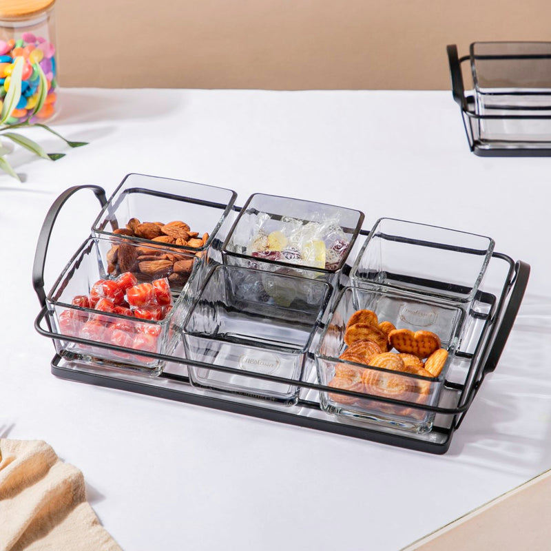 Glass Bowl With Metal Tray Set Of 7 200ml - Serving bowls, small glass bowls, snack serving bowls, section bowls, fancy serving bowls | Bowls for dining table & home decor