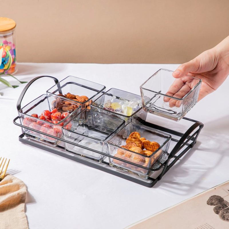 Glass Bowl With Metal Tray Set Of 7 200ml - Serving bowls, small glass bowls, snack serving bowls, section bowls, fancy serving bowls | Bowls for dining table & home decor