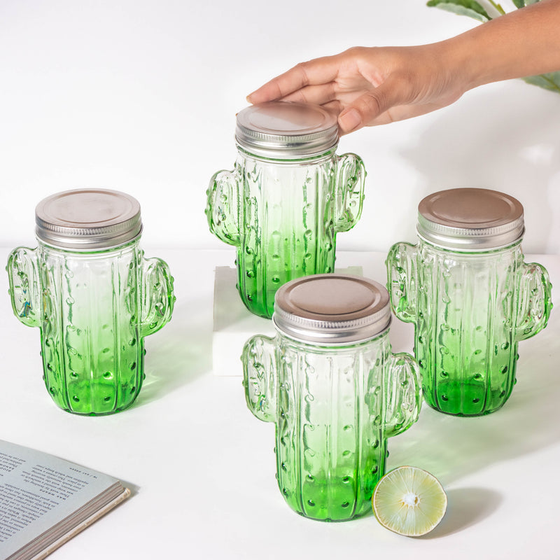 Prickly Cacti Glass Jar Green with Lid Set of 4