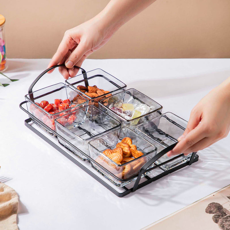 Glass Bowl With Metal Tray Set Of 7 200ml - Serving bowls, small glass bowls, snack serving bowls, section bowls, fancy serving bowls | Bowls for dining table & home decor