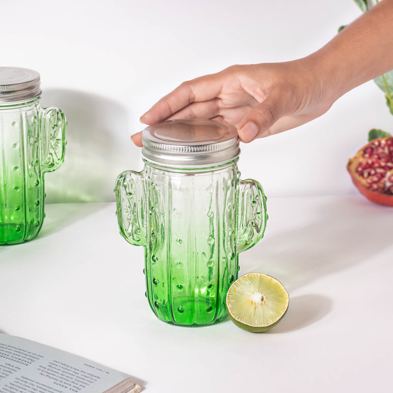 Prickly Cacti Glass Jar Green with Lid Set of 4