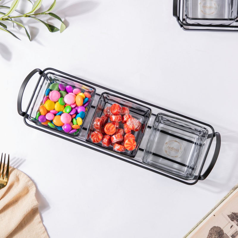 Glass Square Bowl With Tray Set Of 4 200ml - Serving bowls, small glass bowls, snack serving bowls, section bowls, fancy serving bowls | Bowls for dining table & home decor