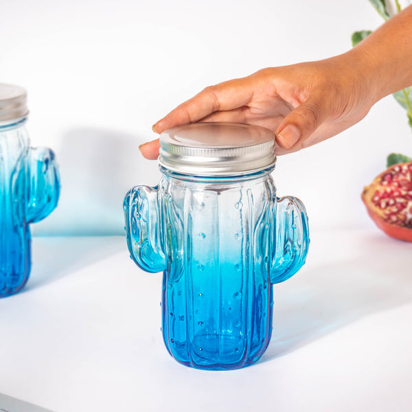Prickly Cacti Glass Jar Blue with Lid Set of 4