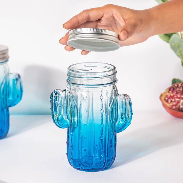 Prickly Cacti Glass Jar Blue with Lid Set of 4