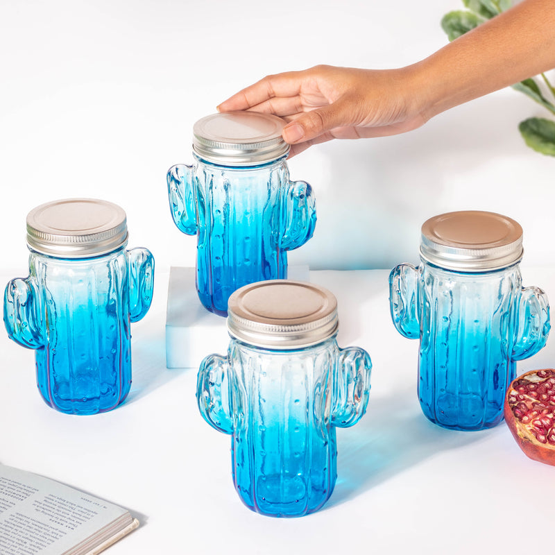 Prickly Cacti Glass Jar Blue with Lid Set of 4