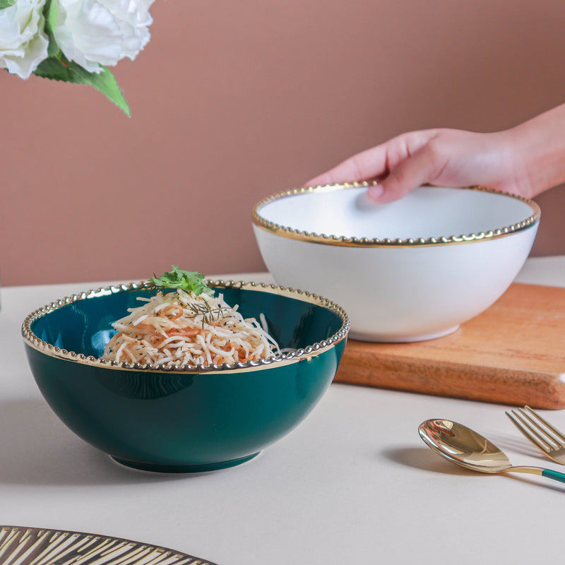 Gold Rim Salad Bowl 800 ml - Bowl, ceramic bowl, serving bowls, noodle bowl, salad bowls, bowl for snacks, large serving bowl | Bowls for dining table & home decor
