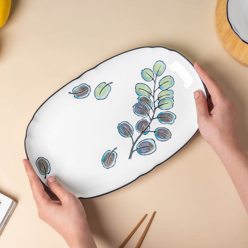 Aspen Leaves Long Platter 12 Inch - Ceramic platter, serving platter, fruit platter | Plates for dining table & home decor