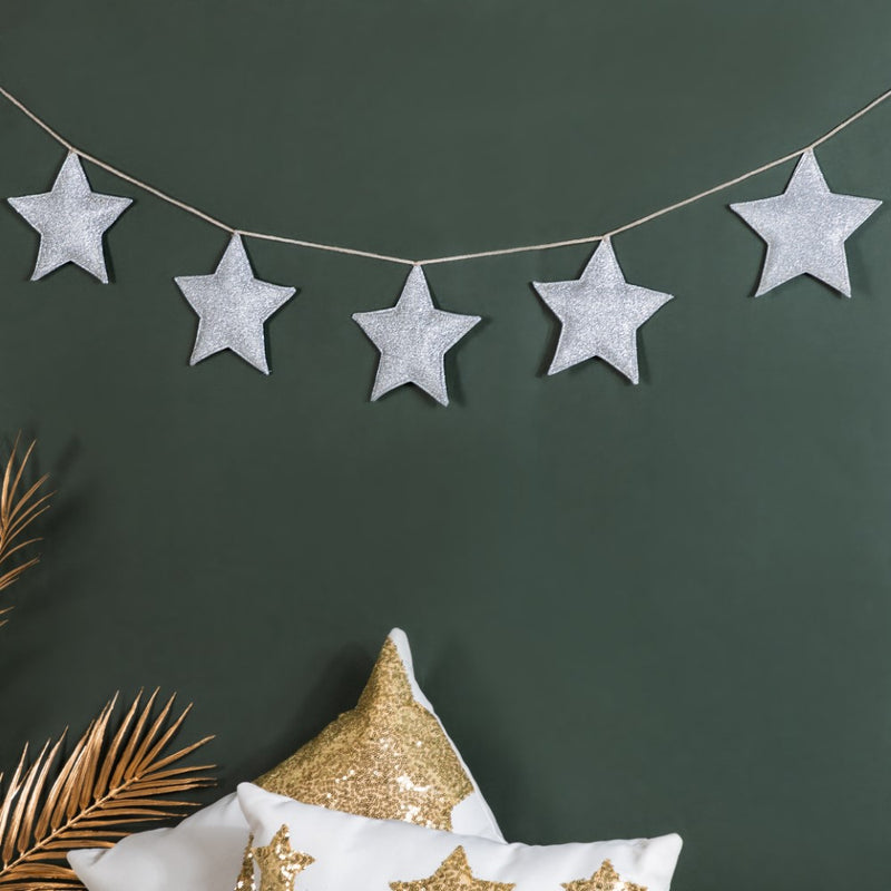 Festive Shimmery Star Bunting Silver 98 Inch - Festive Shimmery Star Bunting, Silver Star Bunting, Decorative Star Garland, Shimmery Silver Decor